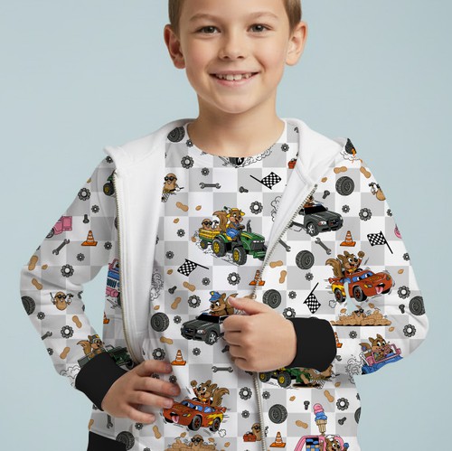 Design with the title 'Custom Kids Bamboo Pajama/Daywear Pattern Featuring Original Characters (Squirrel & Peanut)'