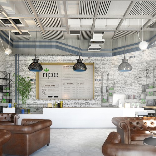 Rendering design with the title 'Minimalistic Cafe Interior Design'