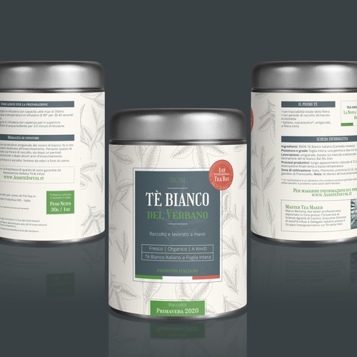 Canister design with the title 'Pack for First Italian Tea'