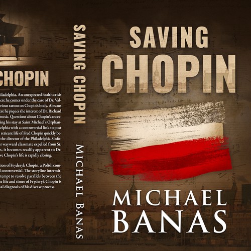 Music book cover with the title 'Book-cover design for novel "Saving Chopin""'