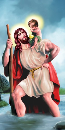 Religious artwork with the title 'Create An Inspirational Image of St. Christopher'