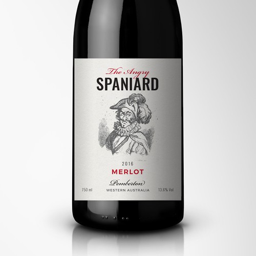 Wine packaging with the title 'The Angry Spaniard - Merlot - Wine Label'