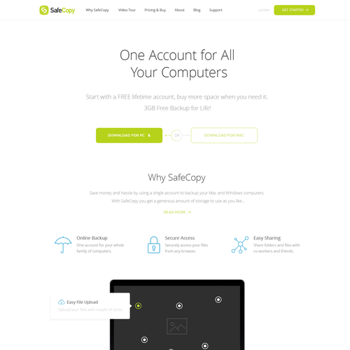 Flat website with the title 'Website Concept for SafeCopy Backup'