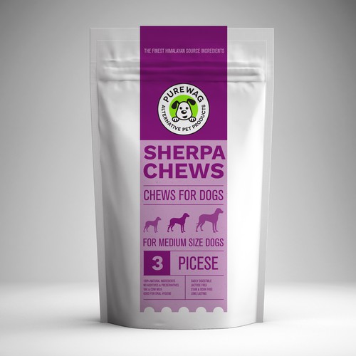 Dog design with the title 'Sherpa Chews'