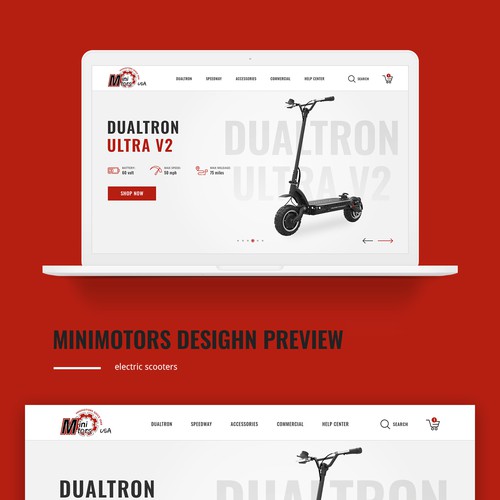Red website with the title 'Clean concept for electric scooters store'