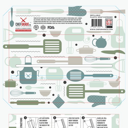 Kitchenware design with the title 'Chef Grade Co. Plastic Wrap Dispenser'