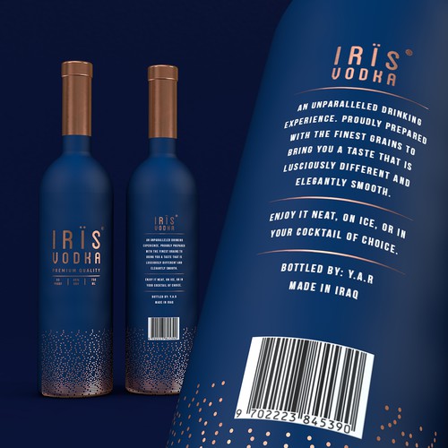 Alcohol packaging with the title 'Iris Vodka'
