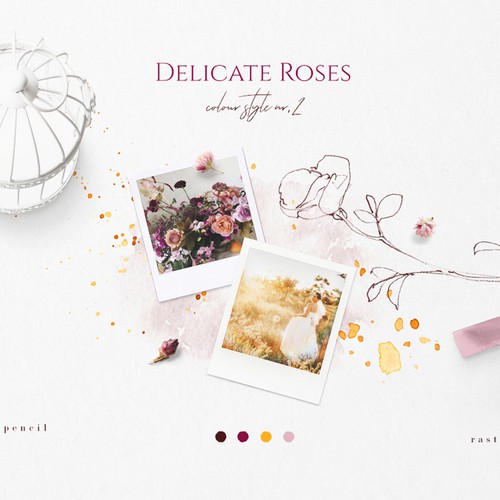 Feminine illustration with the title 'Rose Sketches & Watercolor Clipart Color Palette'