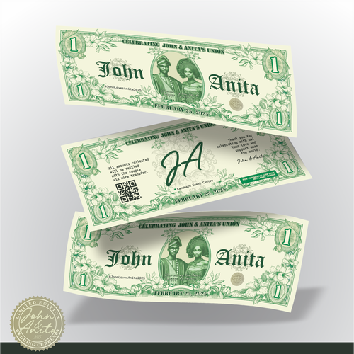 Currency design with the title 'Custom Wedding Currency Note Design – John & Anita's Celebration'