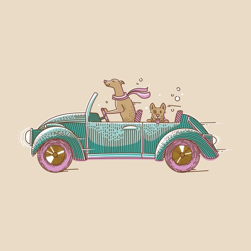 Modern artwork with the title 'Illustration of dogs driving a car'