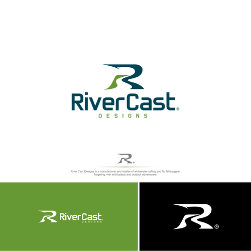 Fishing boat design with the title 'River Cast Designs logo'