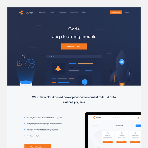 Futuristic website with the title 'Home page design for 3blades'