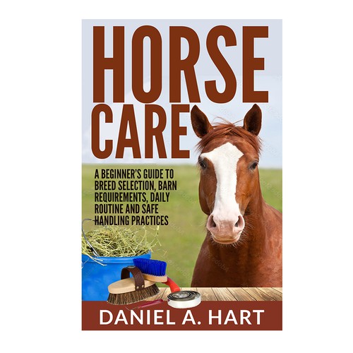 Horse design with the title 'E-book Cover Design  Horse Care. A Beginner’s Guide To Breed Selection, Barn Requirements, Daily Routine and Safe Handling Practices'