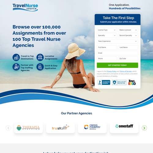 Travel agency design with the title 'Landing Page- Travel Nurse Source'