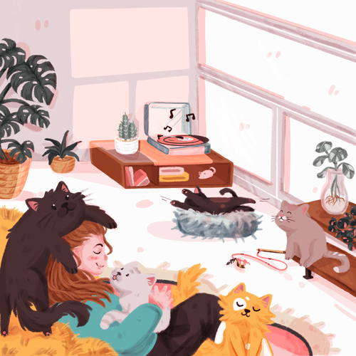 Cat illustration with the title 'chilling with the cats'