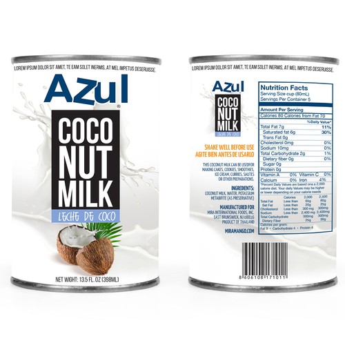 Blue packaging with the title 'Coconut milk can label design'