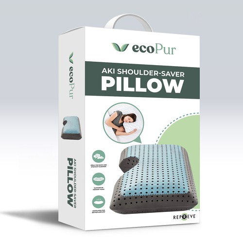 Eco-friendly packaging with the title 'Modern Box Packaging for an amazing eco-friendly Shoulder-Saving Pillow'