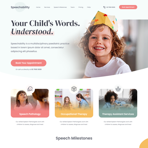 Pediatric design with the title 'Speech Pathology Clinic Landing Page'