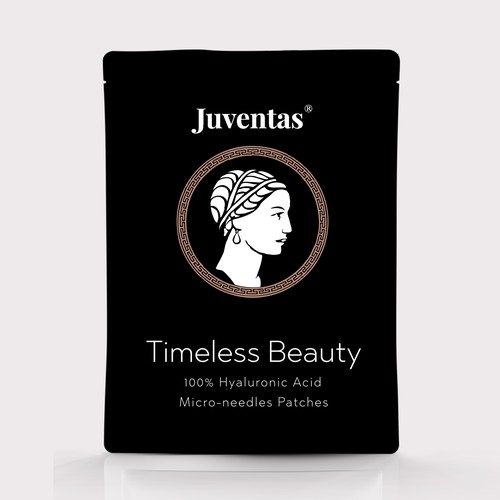 Black and white packaging with the title 'Design and illustration for a Packaging / Pouch for anti aging face fillers patches'