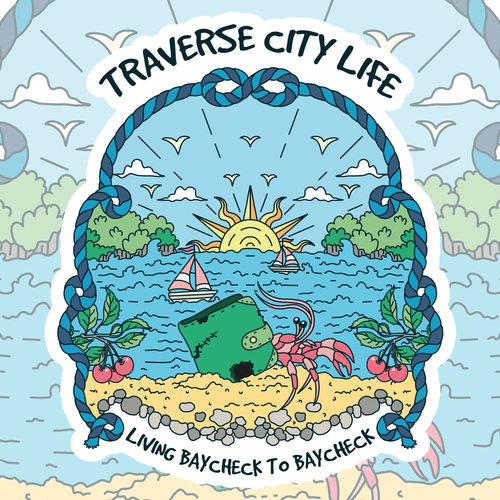 Cityscape design with the title 'Traverse City sticker design with a bit of humor'