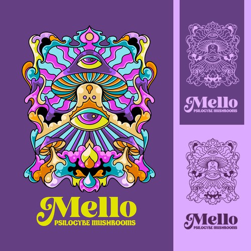 Mauve logo with the title 'mello psilocybe mushroom logo design'