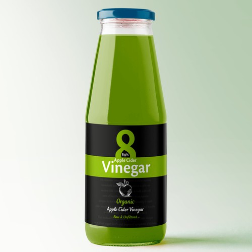 Black and white label with the title 'Eight apple cider vinegar'
