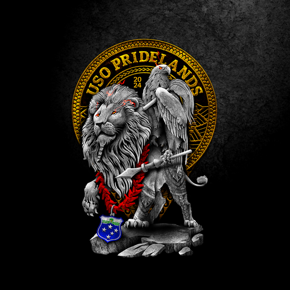 Metallic logo with the title 'USO PRIDELANDS'