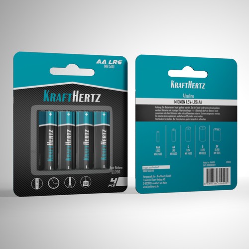 Blender 3D design with the title 'German company needs a high end battery label and packing design for its brand KRAFTHERTZ'
