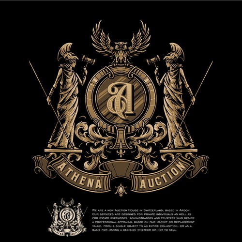 Greek design with the title 'Logo for a new Auction House in Switzerland: Athena Auction (Attributs: Athena, Owl and Hammer) Now in blue or gold'