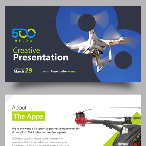 Presentation design with the title 'Streamlined Pitch Deck for our Drone App'