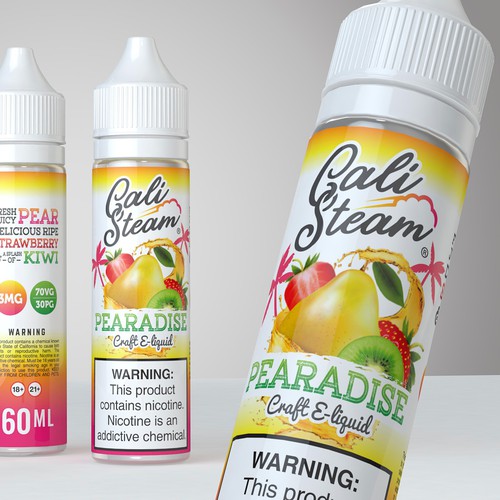 Bright packaging with the title 'E-liquid label design'