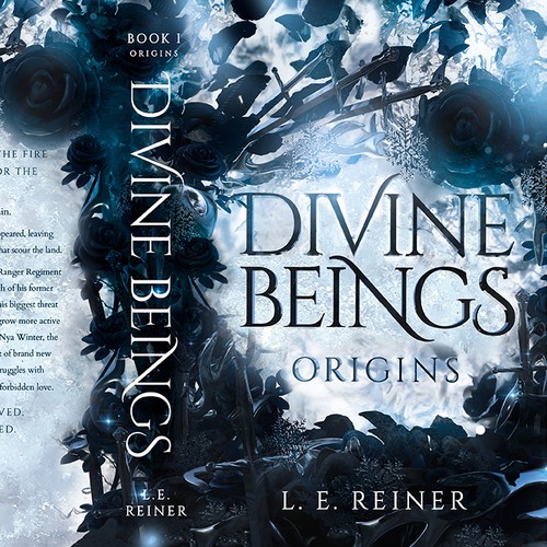 3D book cover with the title 'DIVINE BEINGS - Origins by the lovely and talented L.E. Reiner'