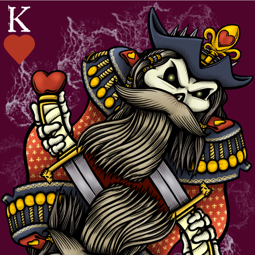 Skull artwork with the title 'Pirate King of Hearts'