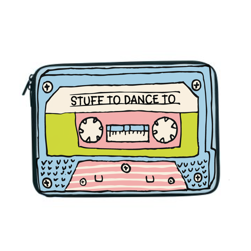 Cartoonish artwork with the title 'Fun Laptop Sleeve Design'