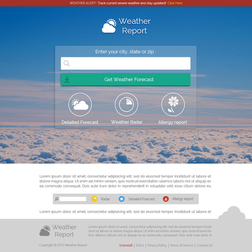 Product page design with the title 'WeatherReport Landing page'
