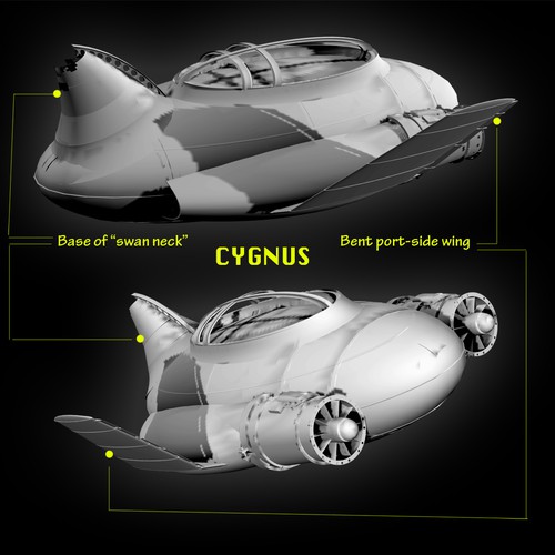 Spaceship design with the title 'Wrecked swan-like spaceship'