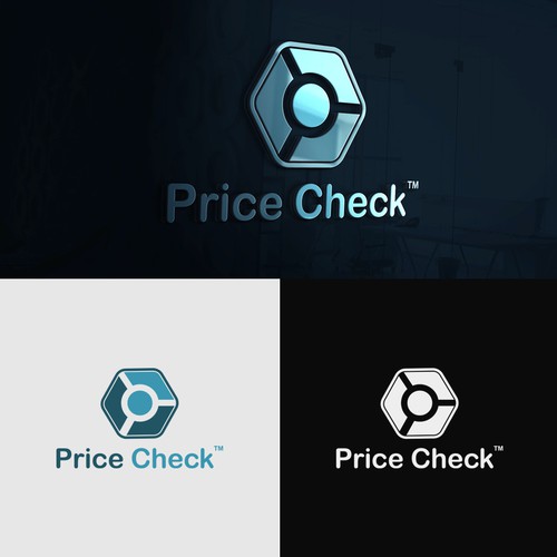 Magnifying glass logo with the title 'hexagon logo concept for Price Check Company'
