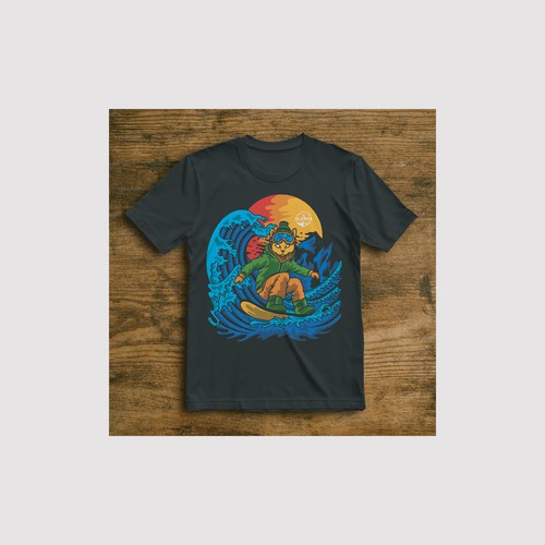 Cat t-shirt with the title 'Feline Snowboarding Adventure'