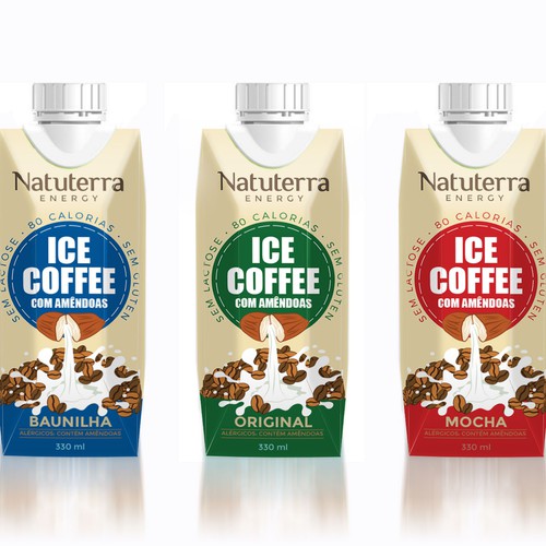 Energy drink packaging with the title ' packaging for a (330ml Dreamcap Tetrapak) Ice coffee and Almond milk energy Drink'