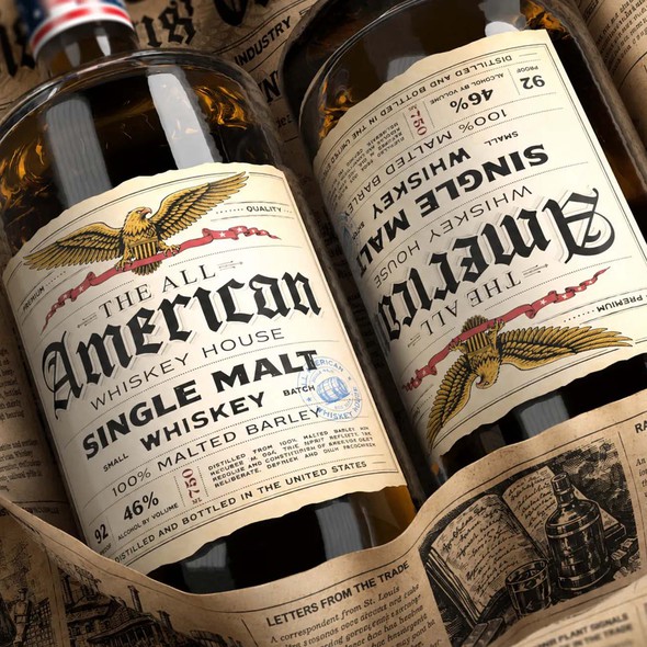 Gin label with the title 'The All American Whiskey House'