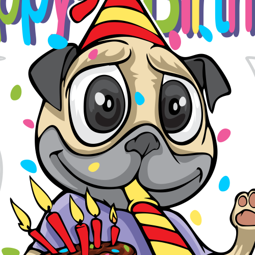 Pug design with the title 'Happy Birthday Pugg Emoji'