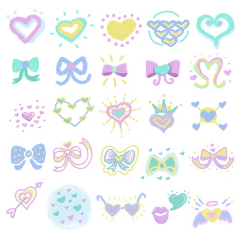 Kawaii illustration with the title 'Cute Heart and Ribbon design set for a Stylish Photo Editing App'