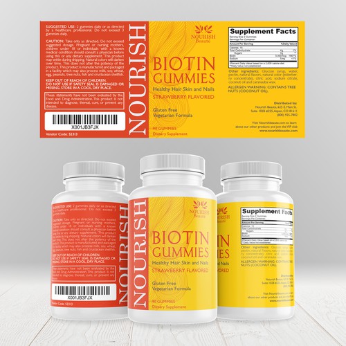 Whey packaging with the title 'Bottle label needed for new line of gummies for healthy hair growth'