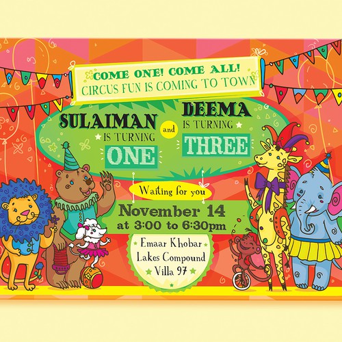 Childish design with the title 'Circus themed kids Birthday Card'