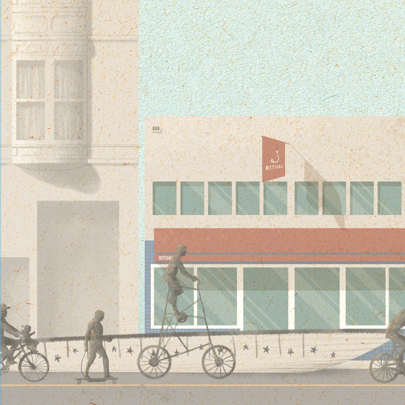 Coffee shop illustration with the title 'Easy Rider/visual identity for ritual coffee '