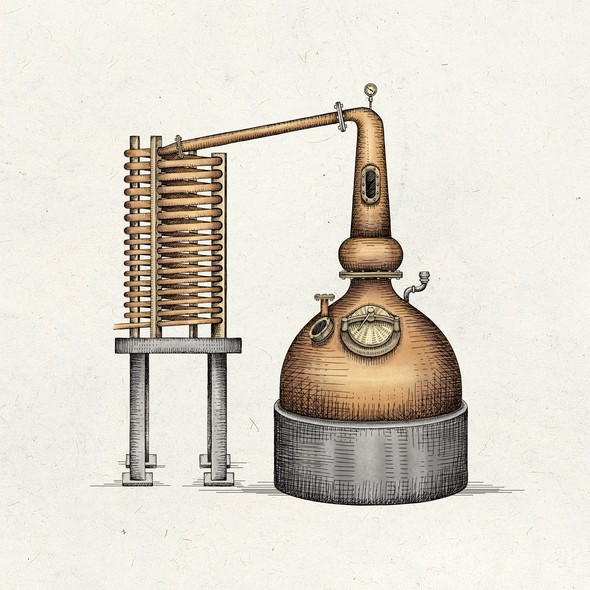 Industrial illustration with the title 'Beverage distillation equipment'