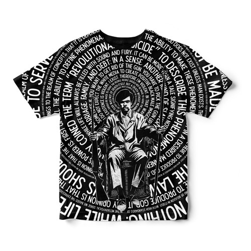 Pride design with the title 'Black and White Artwork of Huey P. Newton Sitting with Empowering Quote Typography'
