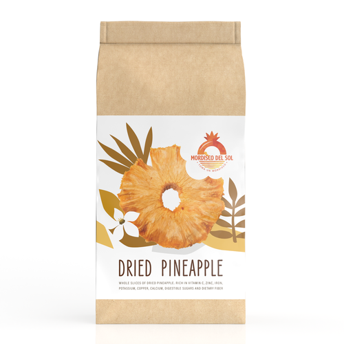 Snack packaging with the title 'Dried pineapple and snacks'
