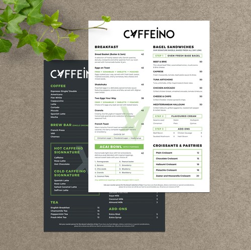 Juice bar design with the title 'Caffeino Menu design'