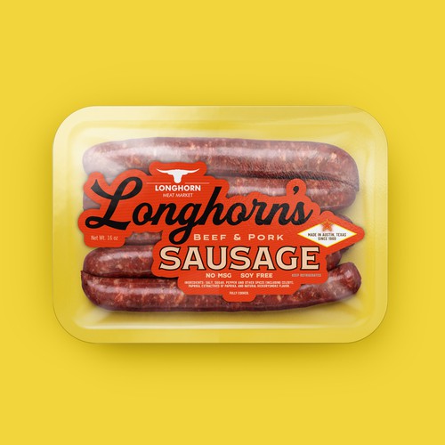 Vintage label with the title 'Longhorn Meat Market Smoked Sausage'